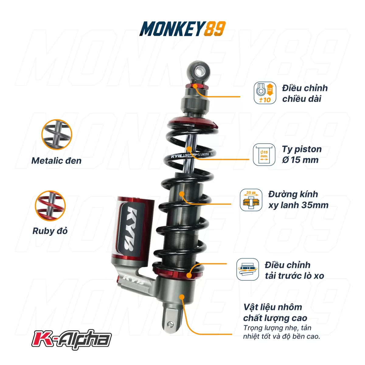 PHUỘC SAU KYB ĐEN (330MM + 10MM) HONDA CLICK / VARIO / VISION / SH MODE K-ALPHA CÔNG NGHỆ NHẬT BẢN CHÍNH HÃNG - ảnh 8