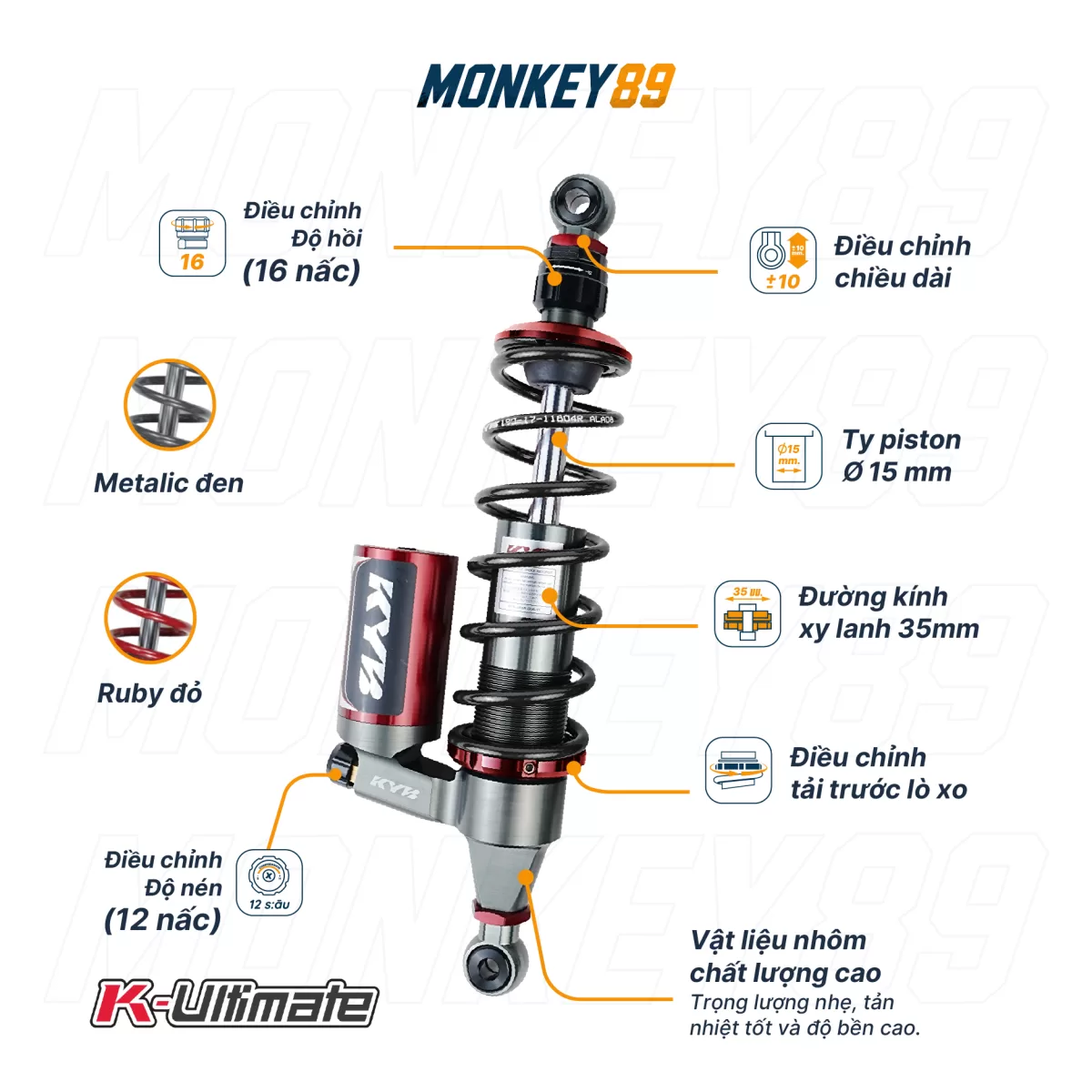 PHUỘC SAU KYB ĐEN (362MM+10MM) HONDA CT125 K-ULTIMATE CHÍNH HÃNG CÔNG NGHỆ NHẬT BẢN - ảnh 8