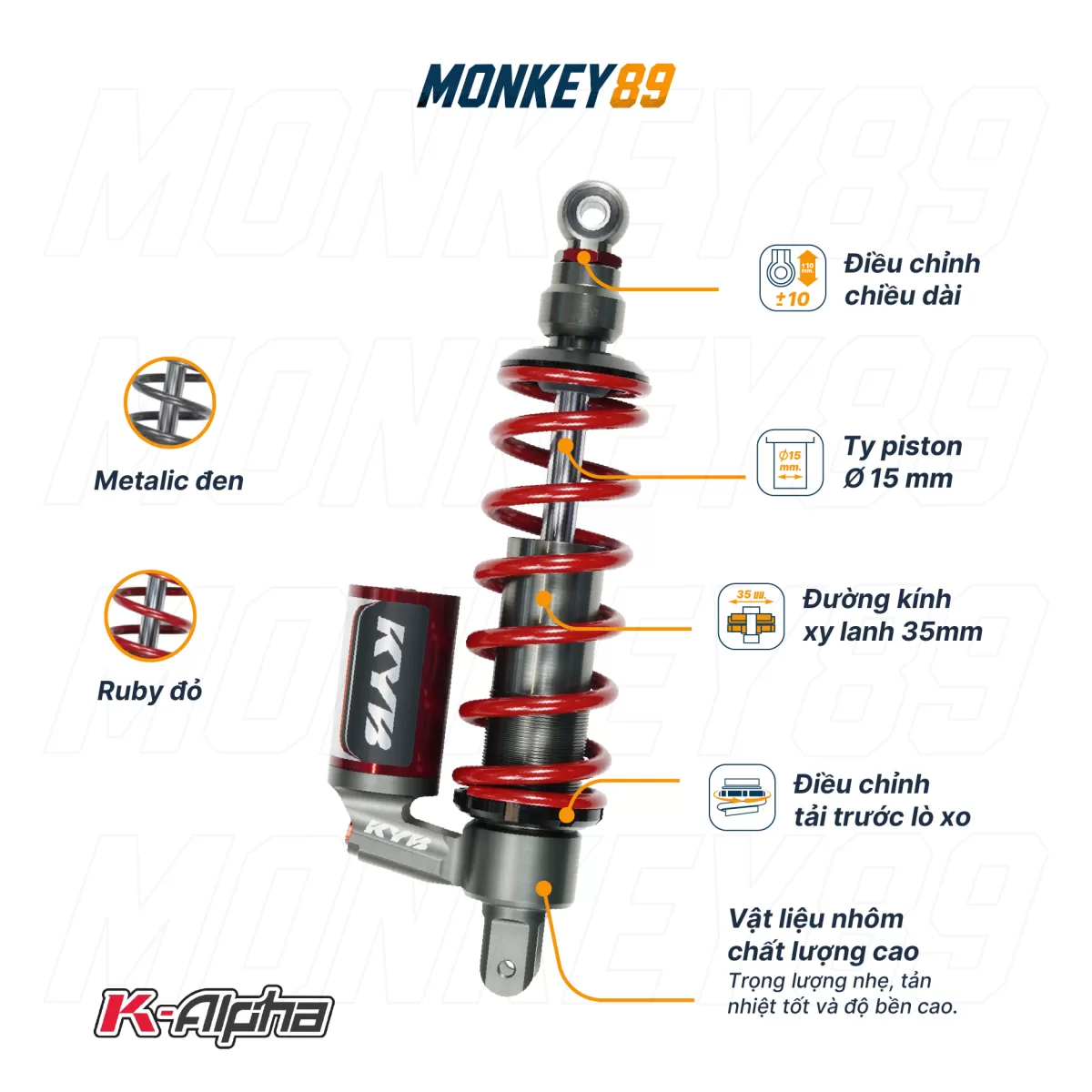PHUỘC SAU KYB ĐỎ (330MM + 10MM) HONDA LEAD 125 K-ALPHA CHÍNH HÃNG CÔNG NGHỆ NHẬT BẢN - ảnh 8