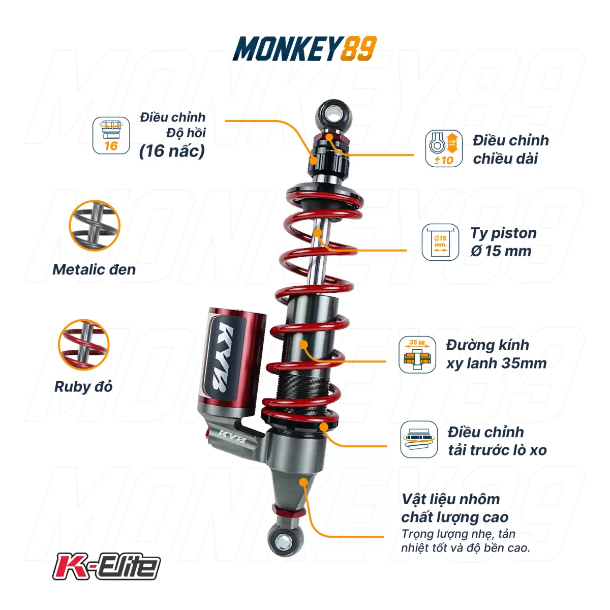 PHUỘC SAU KYB ĐỎ (330MM+10MM) HONDA LEAD 125 K-ELITE CHÍNH HÃNG NHẬT BẢN - ảnh 8