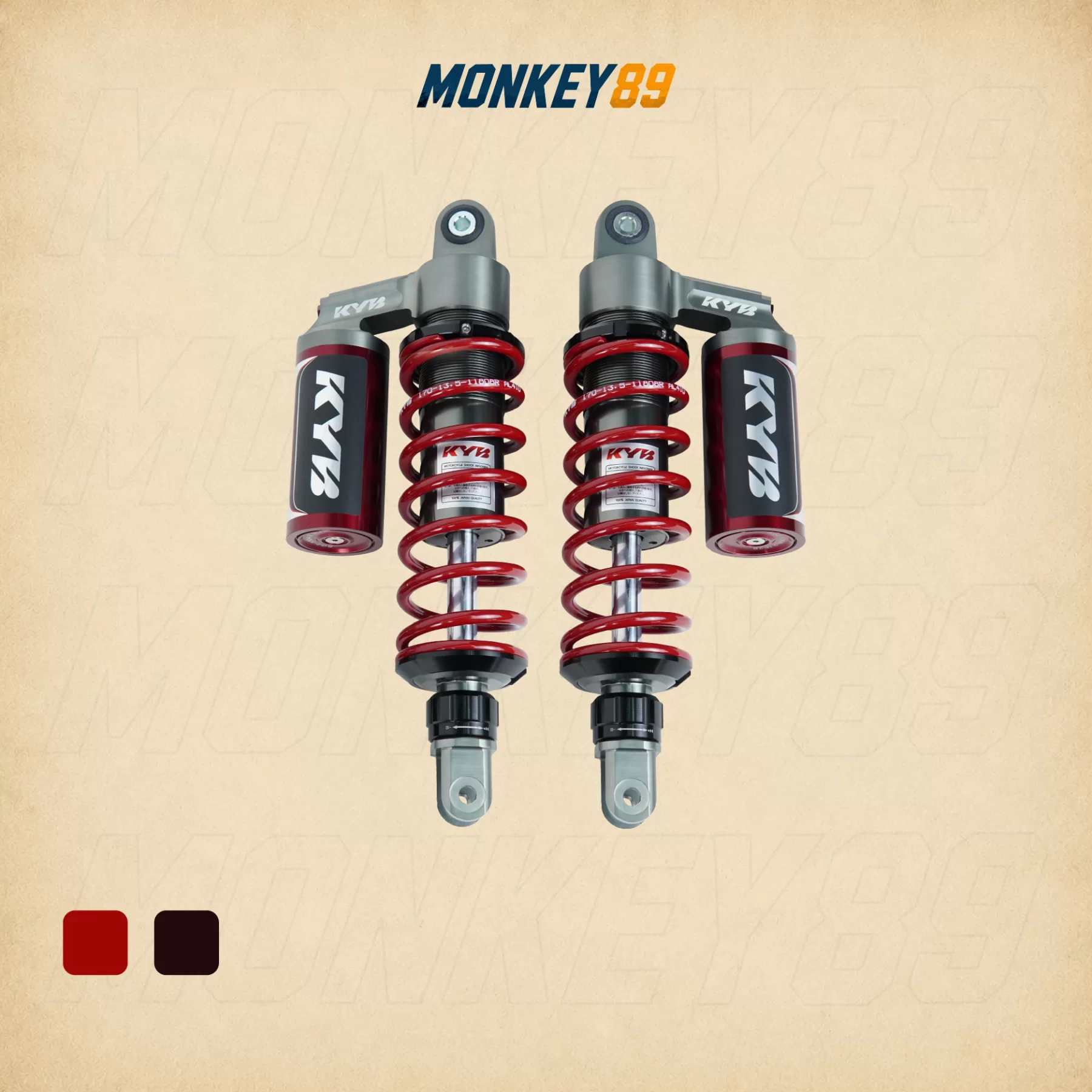 KYB K-ELITE SERIES PIGGYBACK REAR TWIN SHOCKS (305MM+10MM) FOR YAMAHA NVX 155 / HONDA SH150 ITALIA - SPORT RACING RED