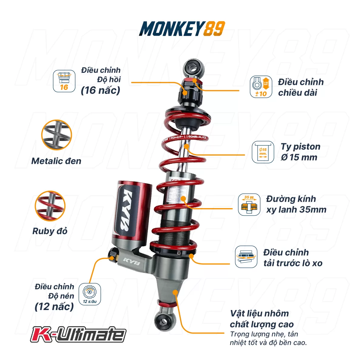 PHUỘC SAU KYB ĐỎ (362MM+10MM) HONDA CT125 K-ULTIMATE CHÍNH HÃNG CÔNG NGHỆ NHẬT BẢN - ảnh 8